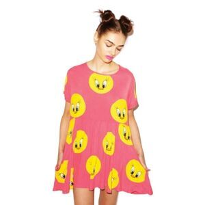 LAZY OAF x Looney Tunes Tweety Bird‎ pink u-neck rare 2012 collab mini dress S/M